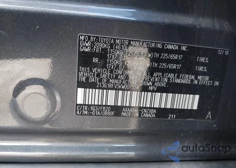 2019 Toyota Rav4 Le из США, поврежденный, VIN 2T3G1RFV5KW007558